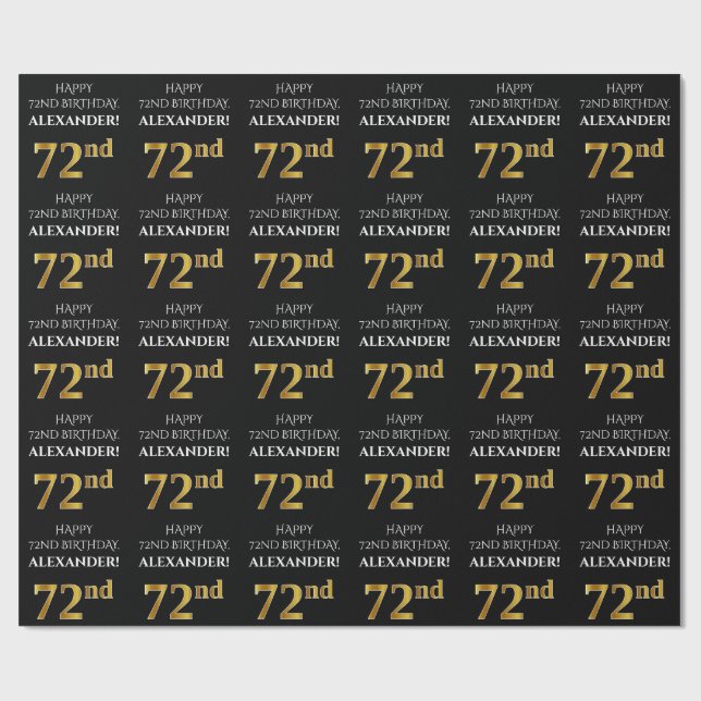 72:a födelsedag: Elegant, svart, faux Guld-utseend Presentpapper (Platt)