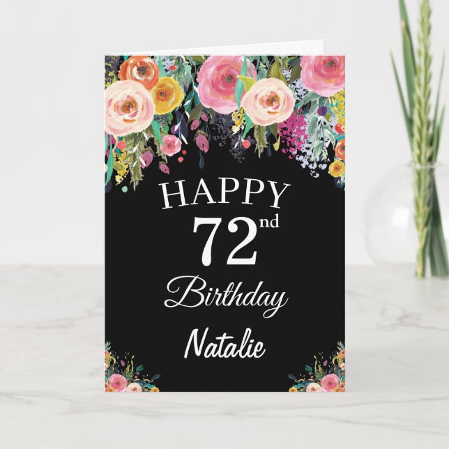 72:a födelsedag, svart Blommigt för vattenfärg Kort (Framsida)