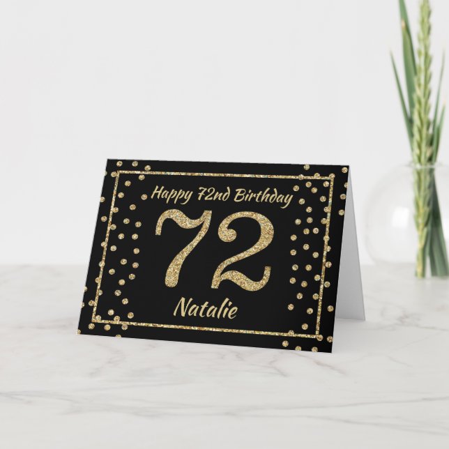 72-års födelsedag Svart och guld glitter Konfetti  Kort (Framsida)