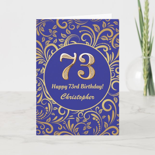 73:e födelsedag Blommönstret Blue och Guld Kort (Framsida)