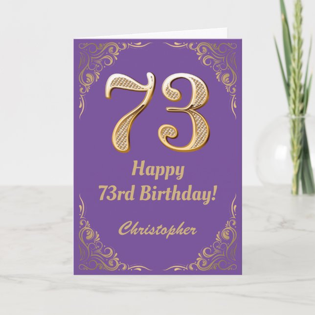 73:e födelsedagen Lila och Guld Glitter Ram Kort (Framsida)