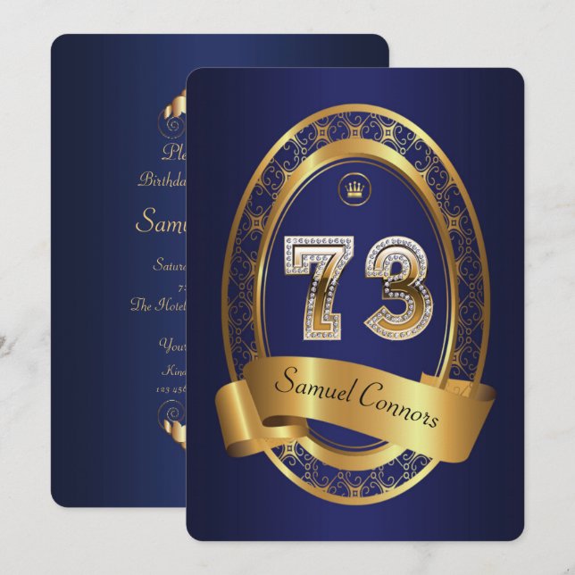 73:e, födelsedagsfest kvinnlig man,elegant färg inbjudningar (Fram/baksida)