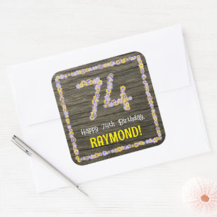74:e födelsedag: Blommigt nummer, Faux Wood look,  Fyrkantigt Klistermärke