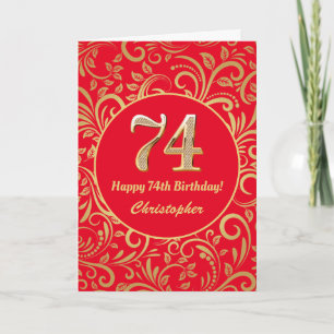 74:e födelsedag Röda och Guld Blommönstret Kort