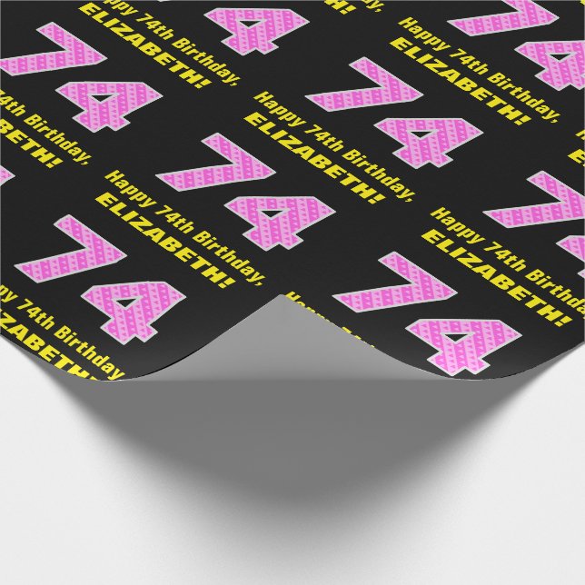 74:e födelsedag: Rosa Rand och örter "74" + Namn Presentpapper (Hörn)