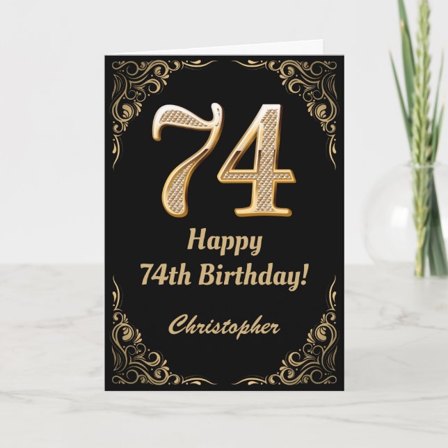 74:e födelsedag Svarta och Guld Glitter Ram Kort (Framsida)