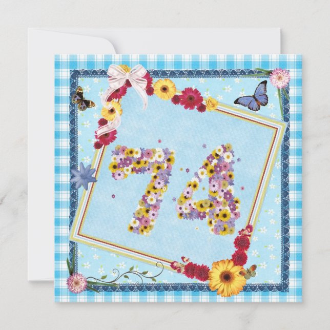 74:e Födelsedagsfest inbjudan-blommor,fjärilar Inbjudningar (Framsida)