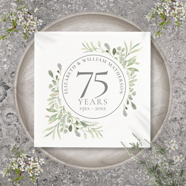 75-års bröllopsdag Greenery Watercolor Pappersservett (75th Wedding Anniversary Greenery Watercolor Napkins
)