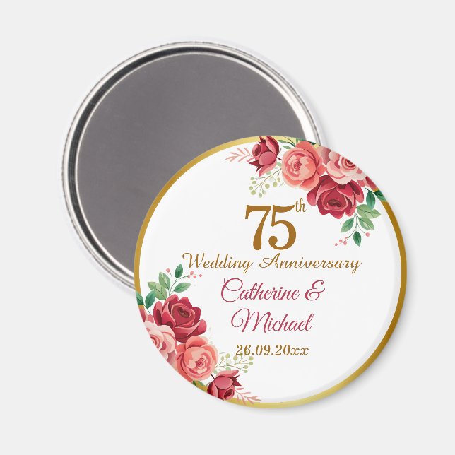 75-års bröllopsjubileum Guld ram Blommig Magnet (Front/Back)
