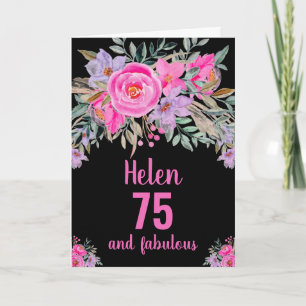 75-års födelsedag svart rosa akvarell blommig kort