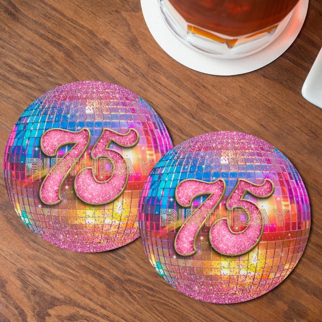 75-årsdag Guld Rosa Glitter Dansande Disco Boll Underlägg Papper Rund (Skapare uppladdad)