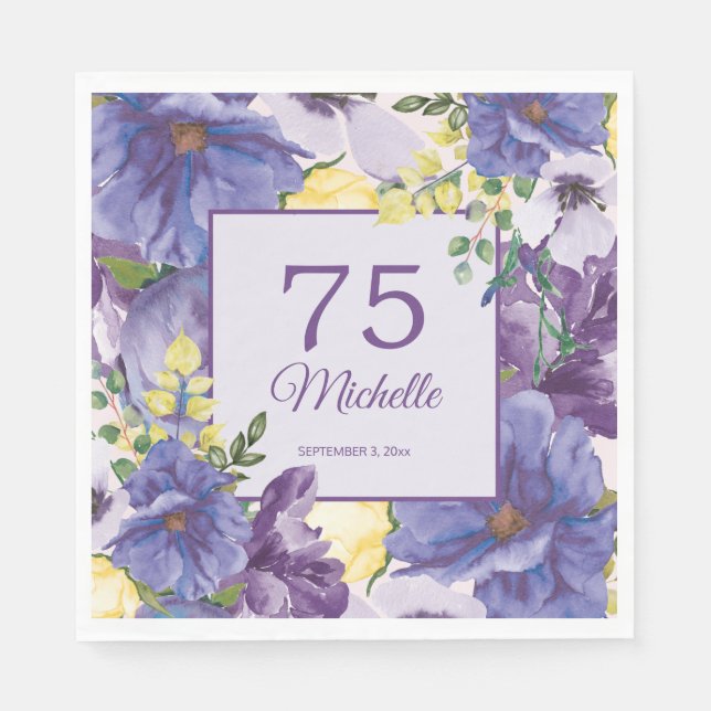75-årsdag Lila Gul Akvarell Blommig Pappersservett (Framsidan)