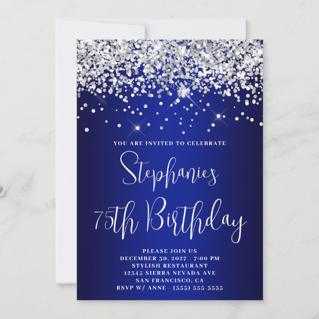 75-årsdag Silver Glitter Royal Blå Marinblå Ombre Inbjudningar (Framsida)