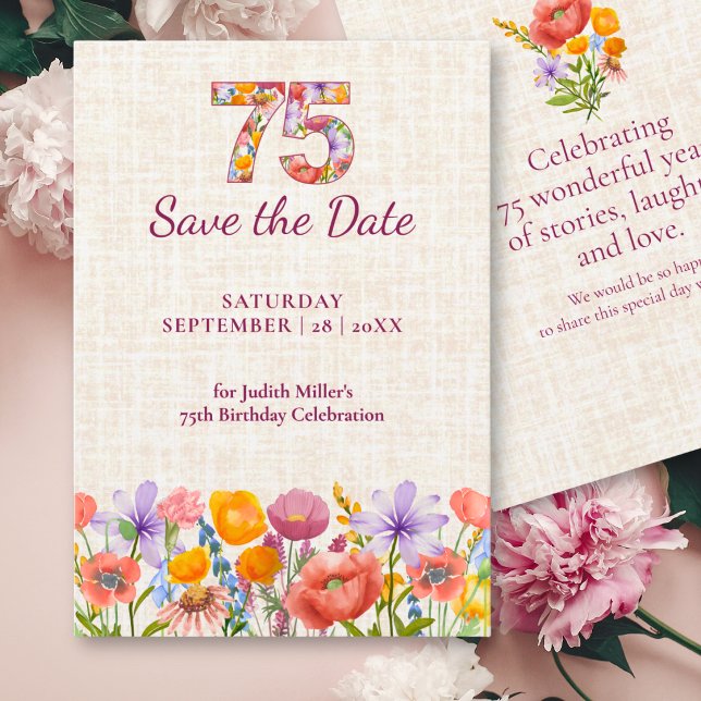 75-årsfirande Elegant blomsterrandigt linne Wildfl Spara Datumet (Skapare uppladdad)