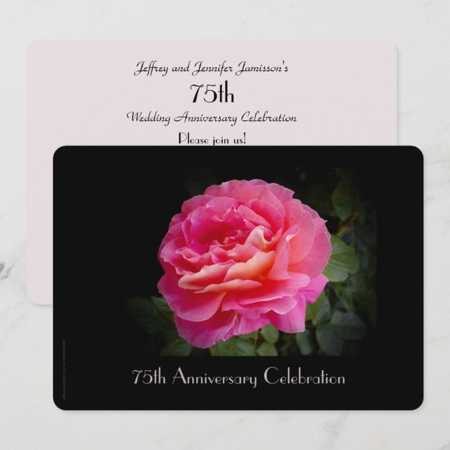 75-årsfirande Elegant Rosa Ros Blommig Inbjudningar (Fram/baksida)