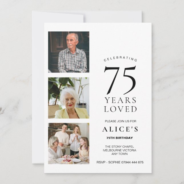 75-årsfirande inbjudan med foto, 75 år älskad (Framsida)