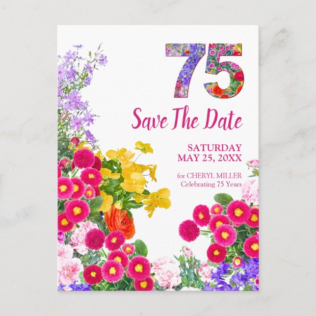75-årsfirande modern blomsterlig Save The Date Meddelande Vykort (Framsida)