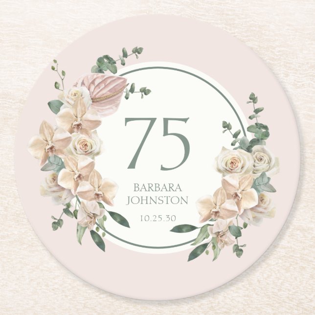 75-årsfirande Tropisk Blomma Underlägg Papper Rund (Framsidan)