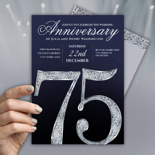 75-årsjubileum Diamant Silver Marinblå Modern Inbjudningar
