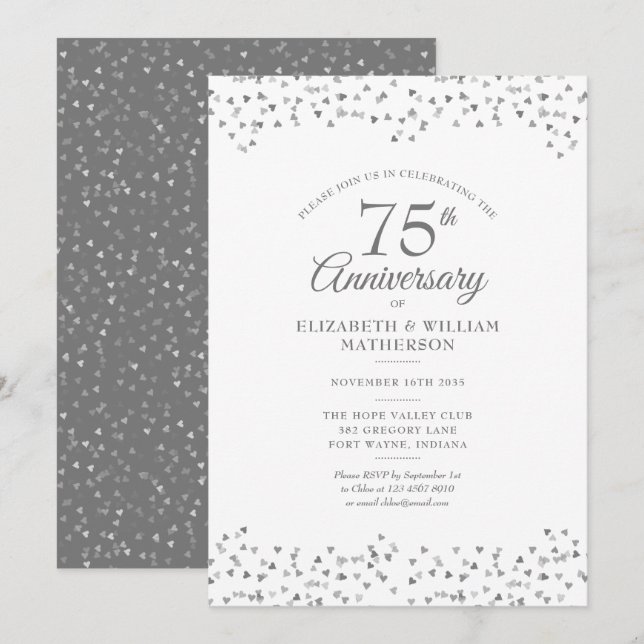 75-årsjubileum för bröllop kärlek hjärtan konfetti inbjudningar (Fram/baksida)
