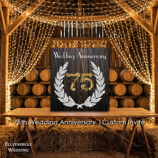 75-årsjubileum | Rustik Trä & Guld Inbjudningar (75th Wedding Anniversary Invite | Rustic Wood & Diamond Laurel. Size: 5.25” x 5.25”)