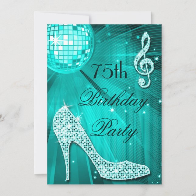 75:e Birthday Gnistra Heels och Teal Disco Boll Inbjudningar (Framsida)