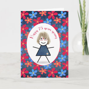 75:e Birthday Stick Girl and Daisys on Denim Kort