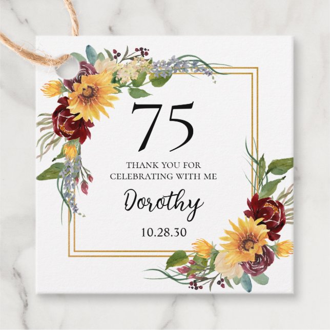 75:e Birthday Sunblommblommor Tack Gåvor Etiketter (Framsida)