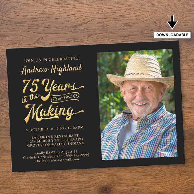 75:e födelsedag 75 ÅR I SKAPAR Svarta Guld Inbjudningar (Skapare uppladdad)