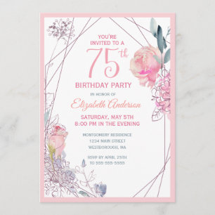 75:e födelsedag Blommigt Ro Watercolor Party Inbjudningar