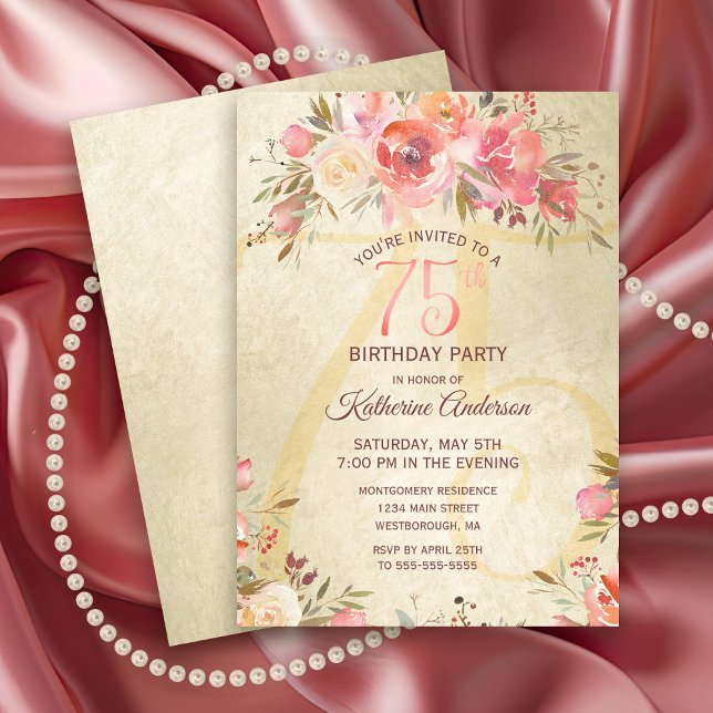 75:e födelsedag Blommigt Rosa ros Guld Shimmer Par Inbjudningar (Vintage Pink Rose Gold Shimmer 75th Birthday Party Invitation)