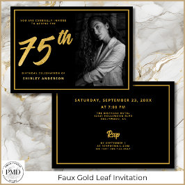 75:e födelsedag Elegant Photo Black Faux Guld Löv Inbjudningar