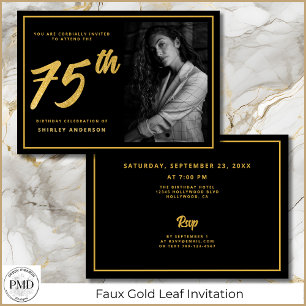 75:e födelsedag Elegant Photo Black Faux Guld Löv Inbjudningar