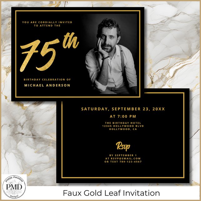 75:e födelsedag Elegant Photo Black Guld Inbjudningar (70th Birthday Black and Gold Photo Invitation with Faux Gold Leaf, Party Details on the Back.)