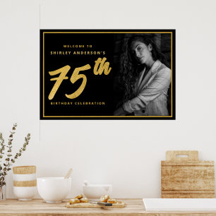 75:e födelsedag Photo Black Faux Guld Löv Elegant Poster