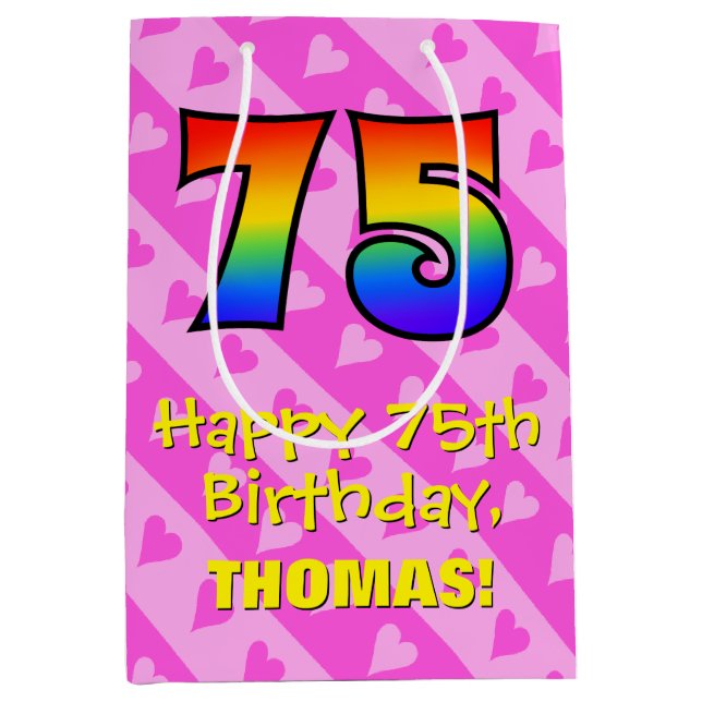 75:e födelsedag: Roligt Rosa Hearts Rand; Regnbåge (Framsidan)