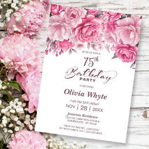 75:e födelsedag Rosa ros Blommigt Party Inbjudningar