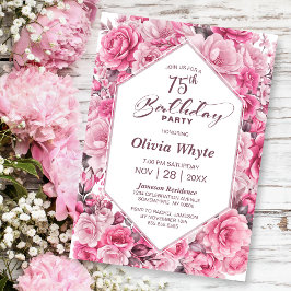 75:e födelsedag Rosa ros Blommigt Party Inbjudningar