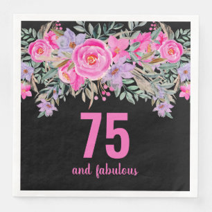 75:e födelsedag svart rosa blommigt pappersservett