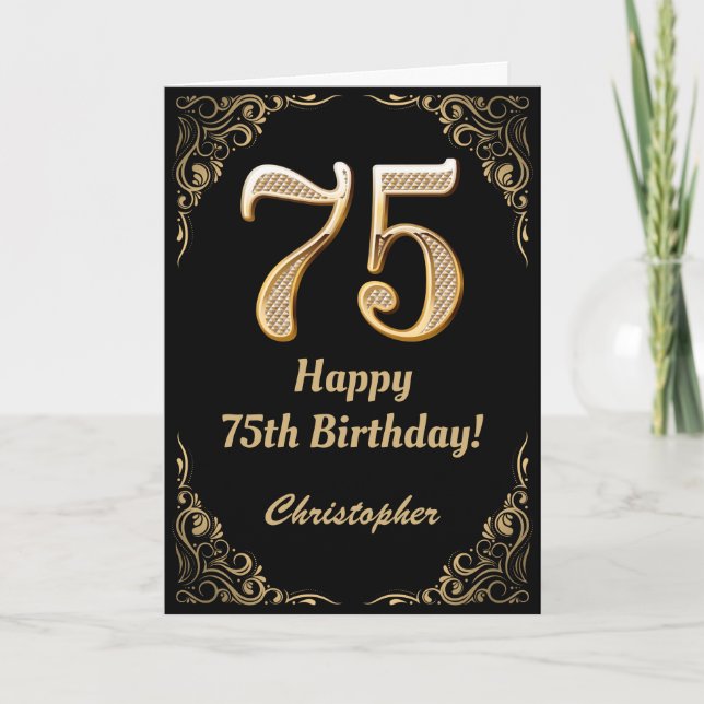 75:e-födelsedag Svarta havet och Guld Glitter Ram Kort (Framsida)