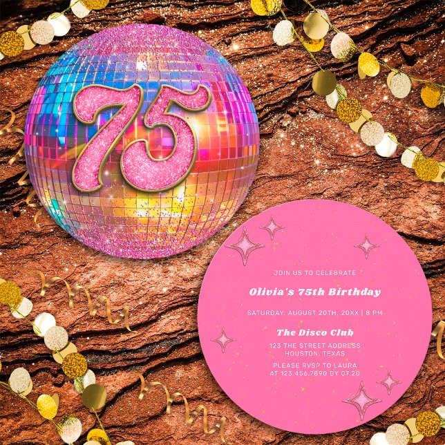 75:e Födelsedagsfest Guld Rosa Glitter Disco Boll Inbjudningar (Front/Back)