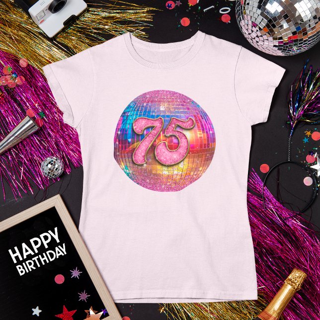 75:e Födelsedagsfest Guld Rosa Glitter Disco Boll T Shirt (Skapare uppladdad)