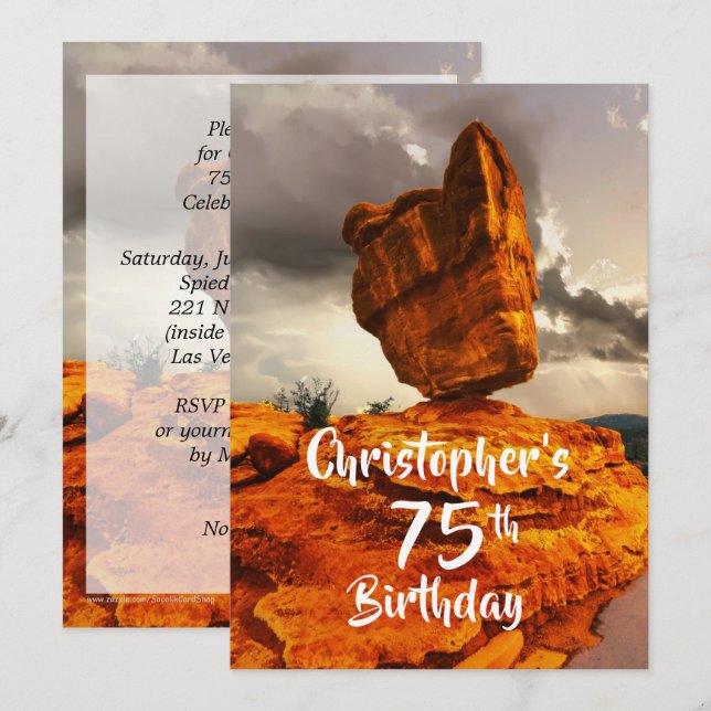 75:e Födelsedagsfest inbjudan, Balanserat Sten Inbjudningar (Fram/baksida)