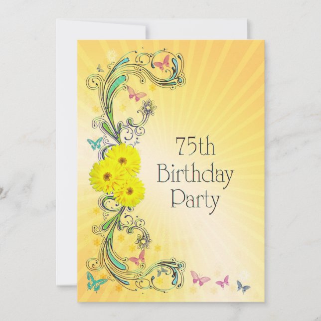 75:e Födelsedagsfest inbjudan med gult blomma (Framsida)