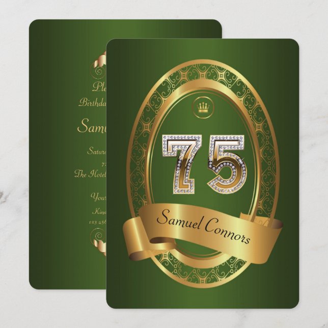 75:e,födelsedagsfest kvinnlig man,elegant färg inbjudningar (Fram/baksida)