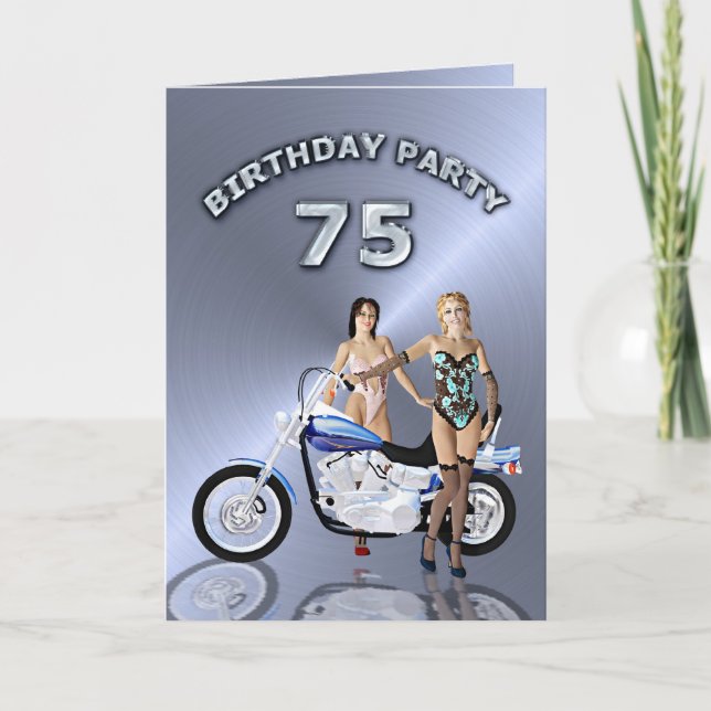 75:e Födelsedagsfest med flicka och motorcykel Inbjudan (Framsida)