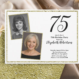 75:e födelsedagsfirande med foto vita och guld  inbjudningar