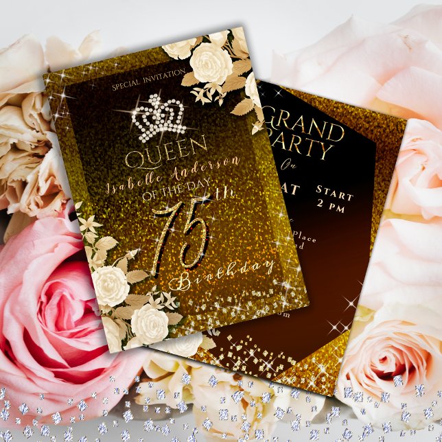 75:e Glitter Krona Guld födelsedag Inbjudningar (Elegant crown birthday Invitation card for your mom or grandmother for her special 75th birthday.)