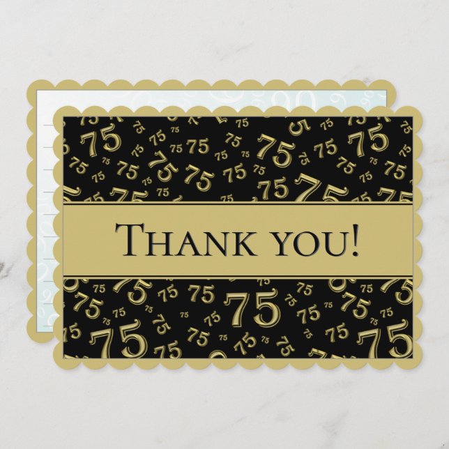 75 "Thank you!" Black/Gold Number Pattern Tack Kort (Fram/baksida)