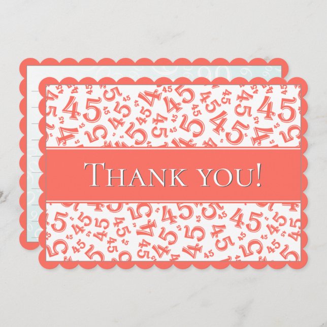 75 "Thank you!" Coral/White Number Pattern Tack Kort (Fram/baksida)